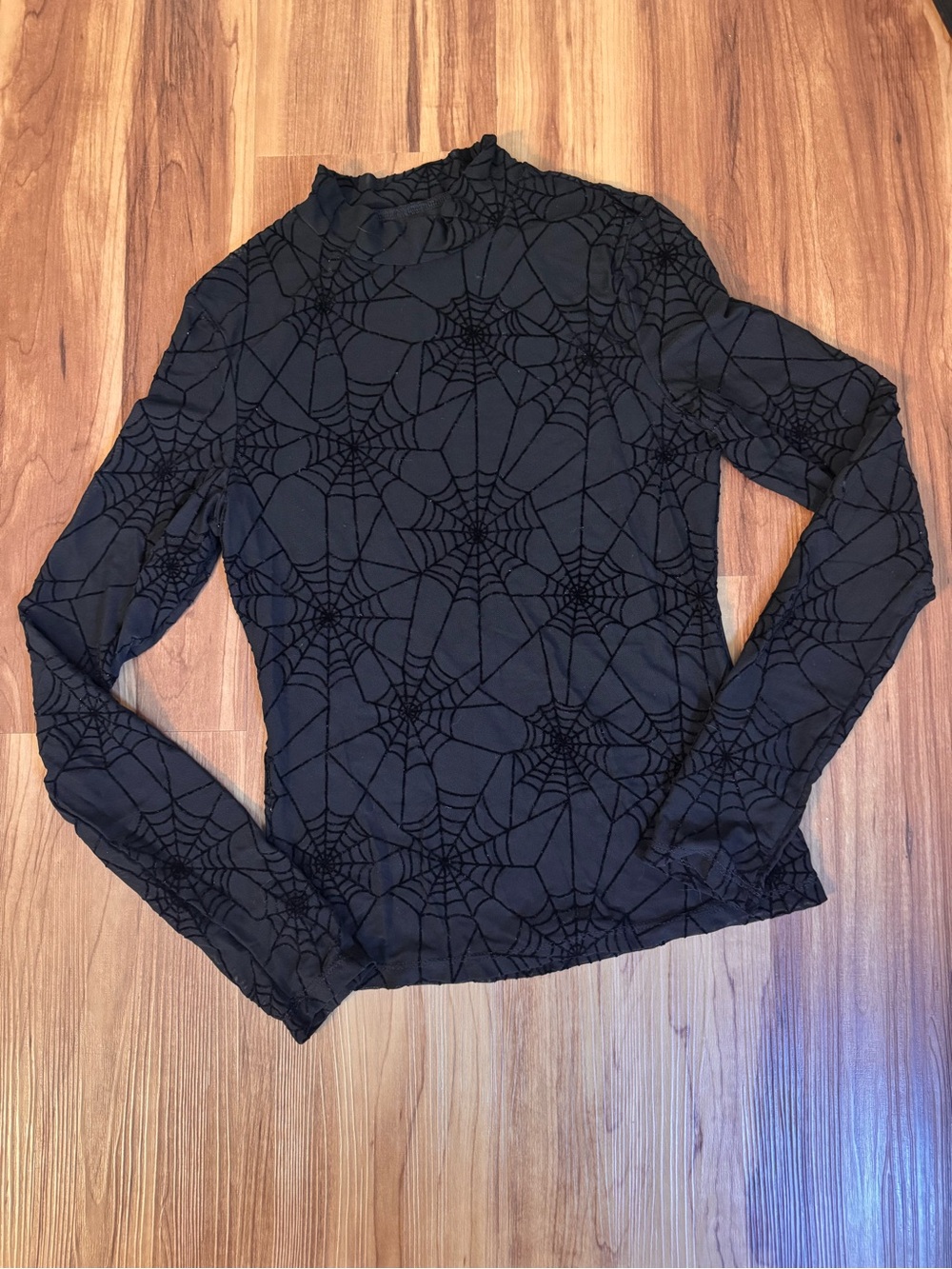 Black Sheer Spiderweb Mock Neck Long Sleeve Top